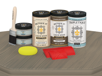 Retique It Drift Wood countertop kit with matte stain applied to a full kitchen countertop, showcasing natural wood grain finish.