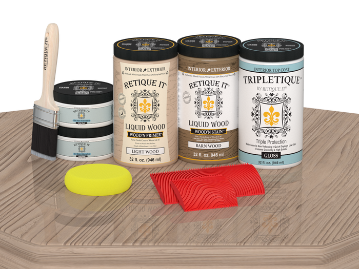 Retique It French Oak countertop kit stain applied on full kitchen countertop, glossy finish on natural oak surface.