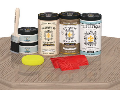 Retique It French Oak countertop kit stain applied on full kitchen countertop, glossy finish on natural oak surface.