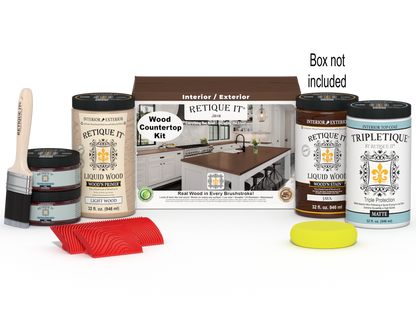 Retique It Java countertop kit with stains, featuring full kitchen setup and included box, designed for countertop refinishing.