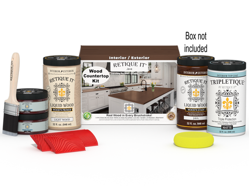 Retique It Java countertop kit with stains, featuring full kitchen setup and included box, designed for countertop refinishing.