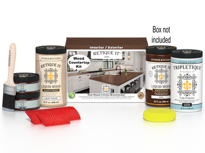 Retique It Java countertop kit for full kitchen staining, featuring a natural wood finish and stain application tools.