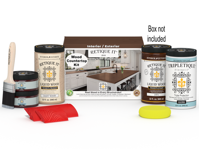 Retique It Java countertop kit showing stained wood surface with applicator tools for full kitchen countertop renovation.