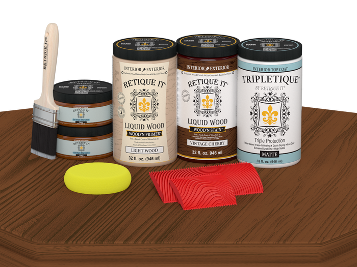 Retique It Vintage Cherry countertop kit with matte stain applied on a kitchen surface, showcasing a classic cherry wood finish.