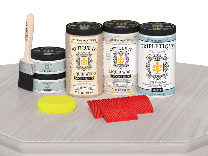 Retique It White Wash countertop kit with matte stain finish on a kitchen countertop, showcasing a full kitchen transformation.