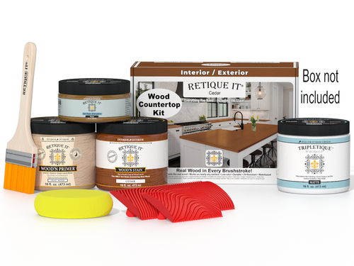 Retique It cedar stain countertop kit for kitchen islands, featuring natural wood grain and stain application tools.