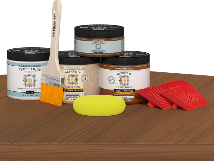 Retique It Cedar countertop kit for kitchen islands, featuring stain application on a wooden surface.