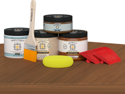 Retique It Cedar countertop kit for kitchen islands, featuring stain application on a wooden surface.