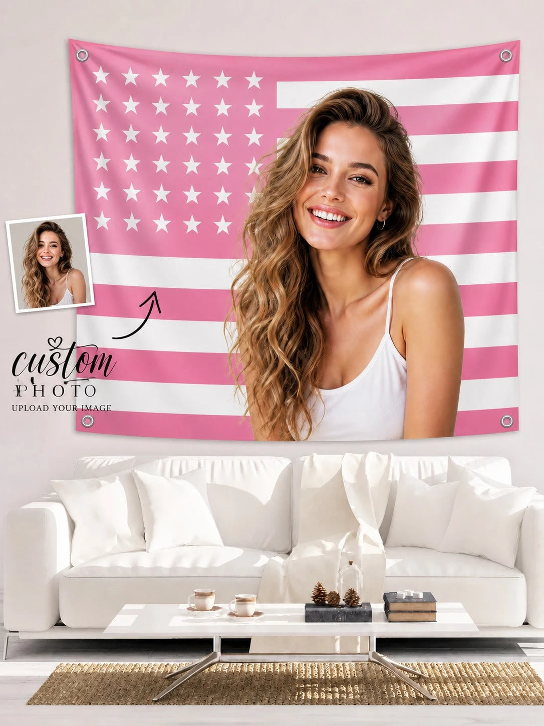 Custom Photo Pink American Flag, Personalized Patriotic Portrait Banner With Your Picture, Family Pet Couple Photo Wall Flag With Metal Grommets, Indoor Outdoor Bedroom Dorm Porch Party Decoration, Me