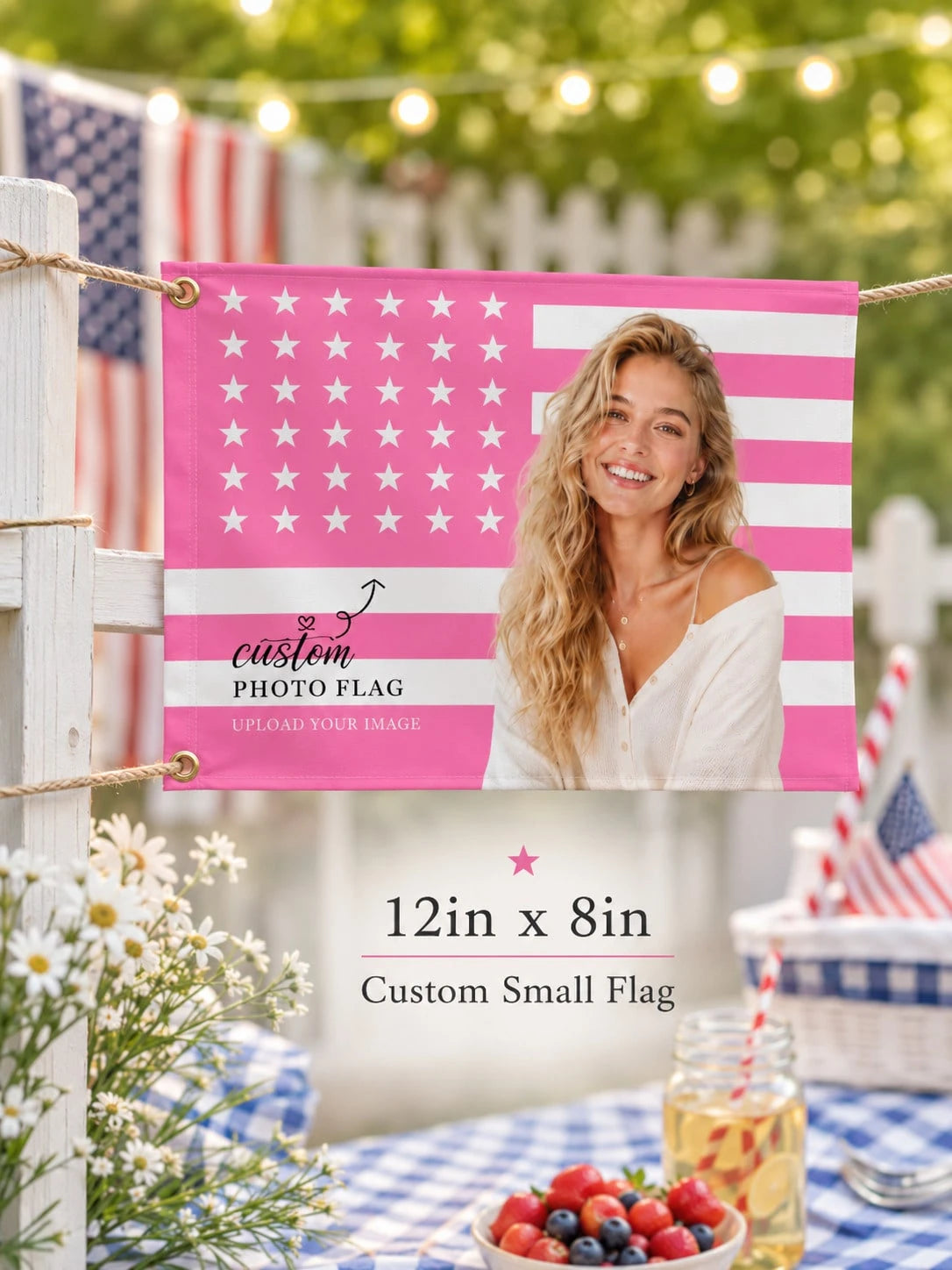 Custom Photo Pink American Flag, Personalized Patriotic Portrait Banner With Your Picture, Family Pet Couple Photo Wall Flag With Metal Grommets, Indoor Outdoor Bedroom Dorm Porch Party Decoration, Me