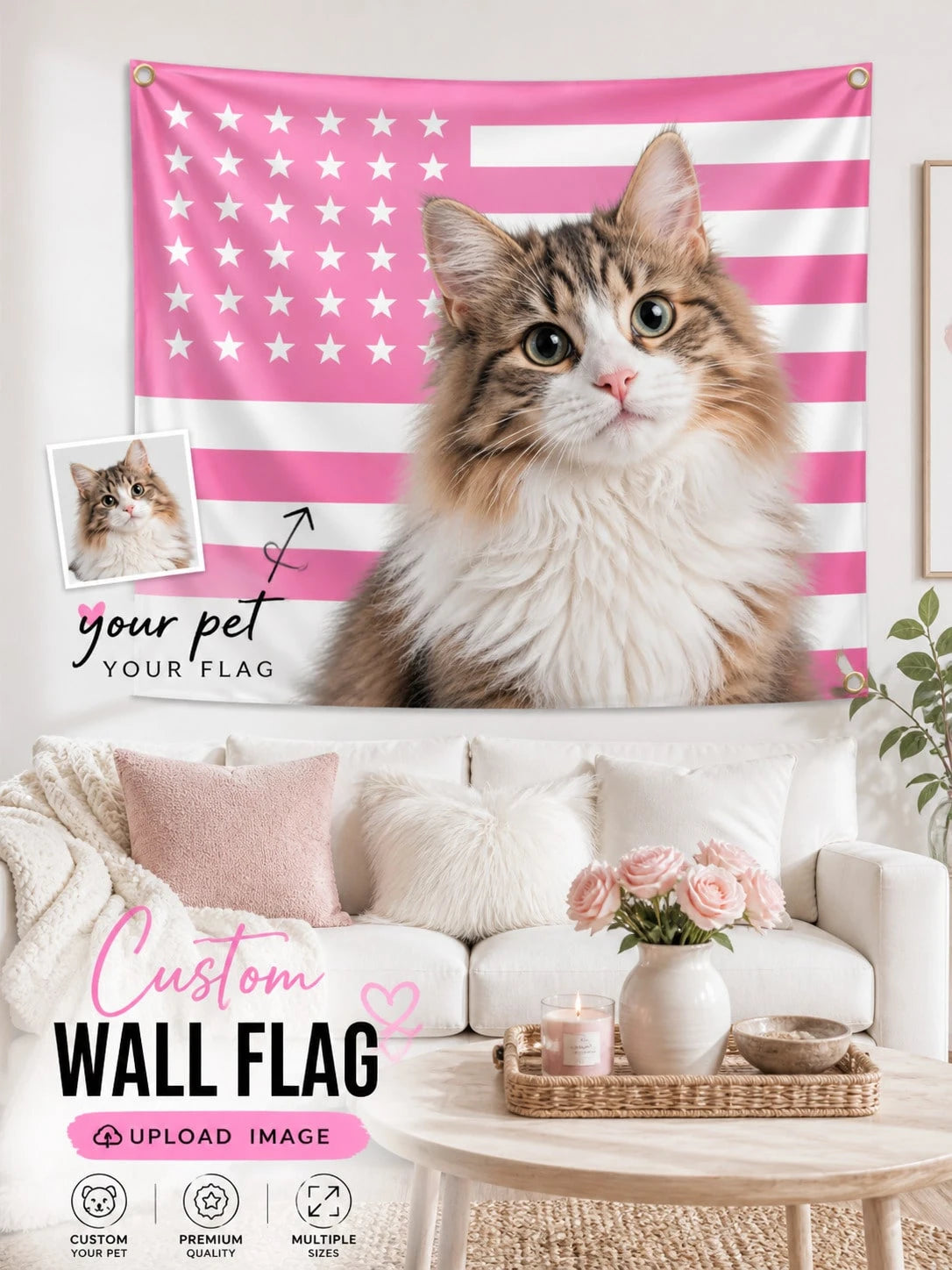 Custom Photo Pink American Flag, Personalized Patriotic Portrait Banner With Your Picture, Family Pet Couple Photo Wall Flag With Metal Grommets, Indoor Outdoor Bedroom Dorm Porch Party Decoration, Me