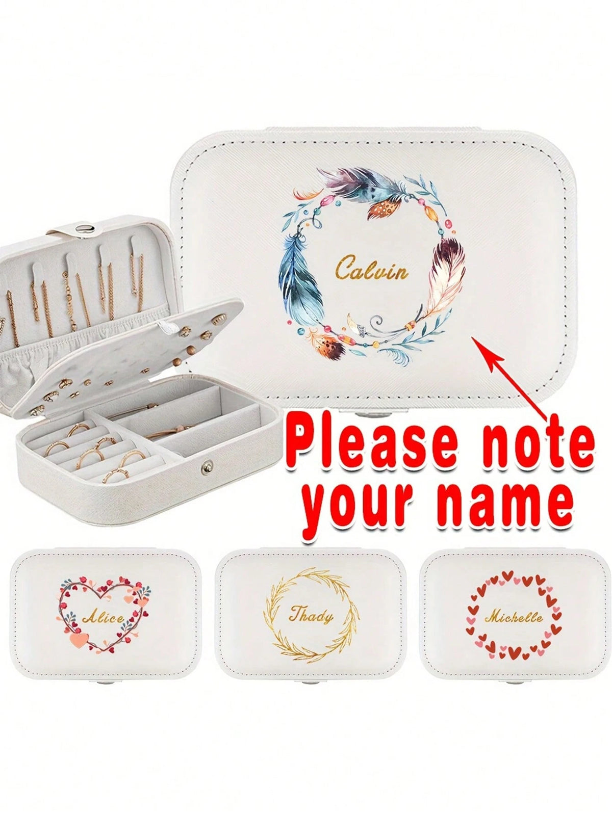 Customized Jewelry Box, Personalized Floral Pattern Jewelry Box, Customizable Name Storage, Multi-Functional Portable Bracelet & Earring Organizer, Washable Storage Box, Travel Leather Ring & Necklace