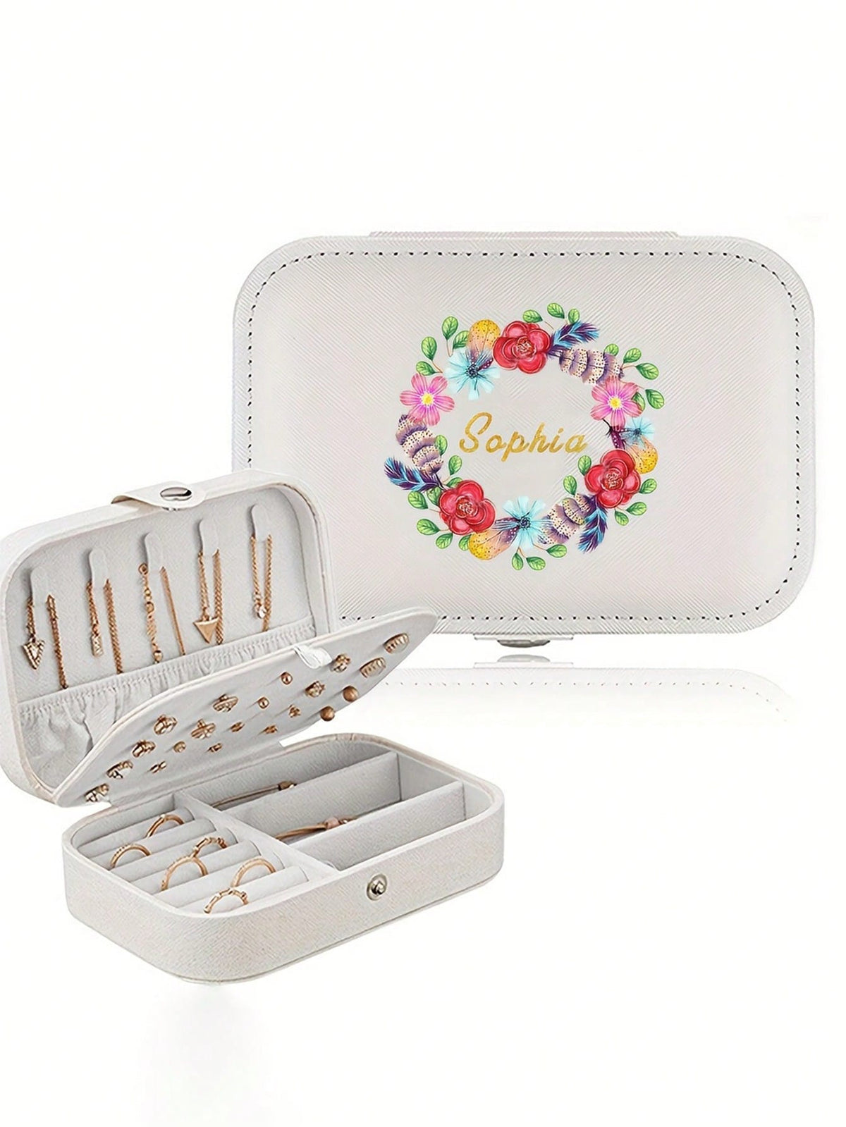 Customized Jewelry Box, Personalized Floral Pattern Jewelry Box, Customizable Name Storage, Multi-Functional Portable Bracelet & Earring Organizer, Washable Storage Box, Travel Leather Ring & Necklace