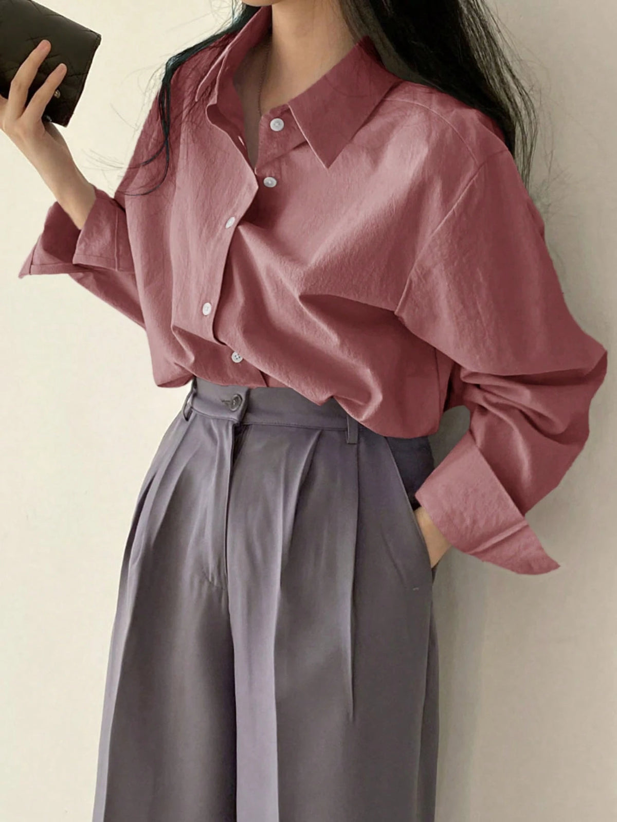 DAZY Ladies' Solid Color Front Button Casual Long Sleeve Shirt,Fall Clothes