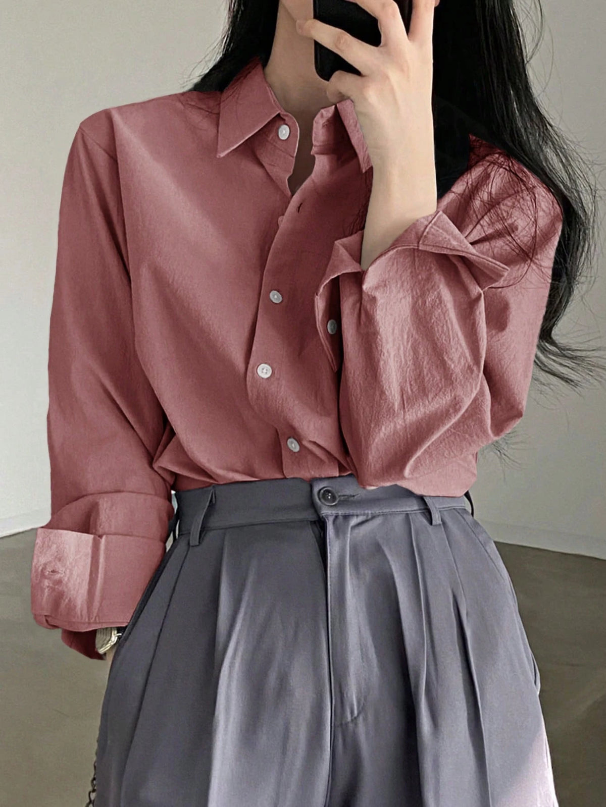 DAZY Ladies' Solid Color Front Button Casual Long Sleeve Shirt,Fall Clothes