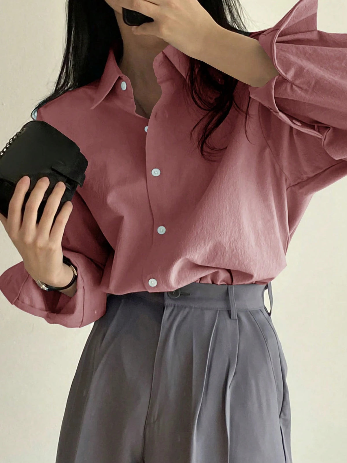 DAZY Ladies' Solid Color Front Button Casual Long Sleeve Shirt,Fall Clothes