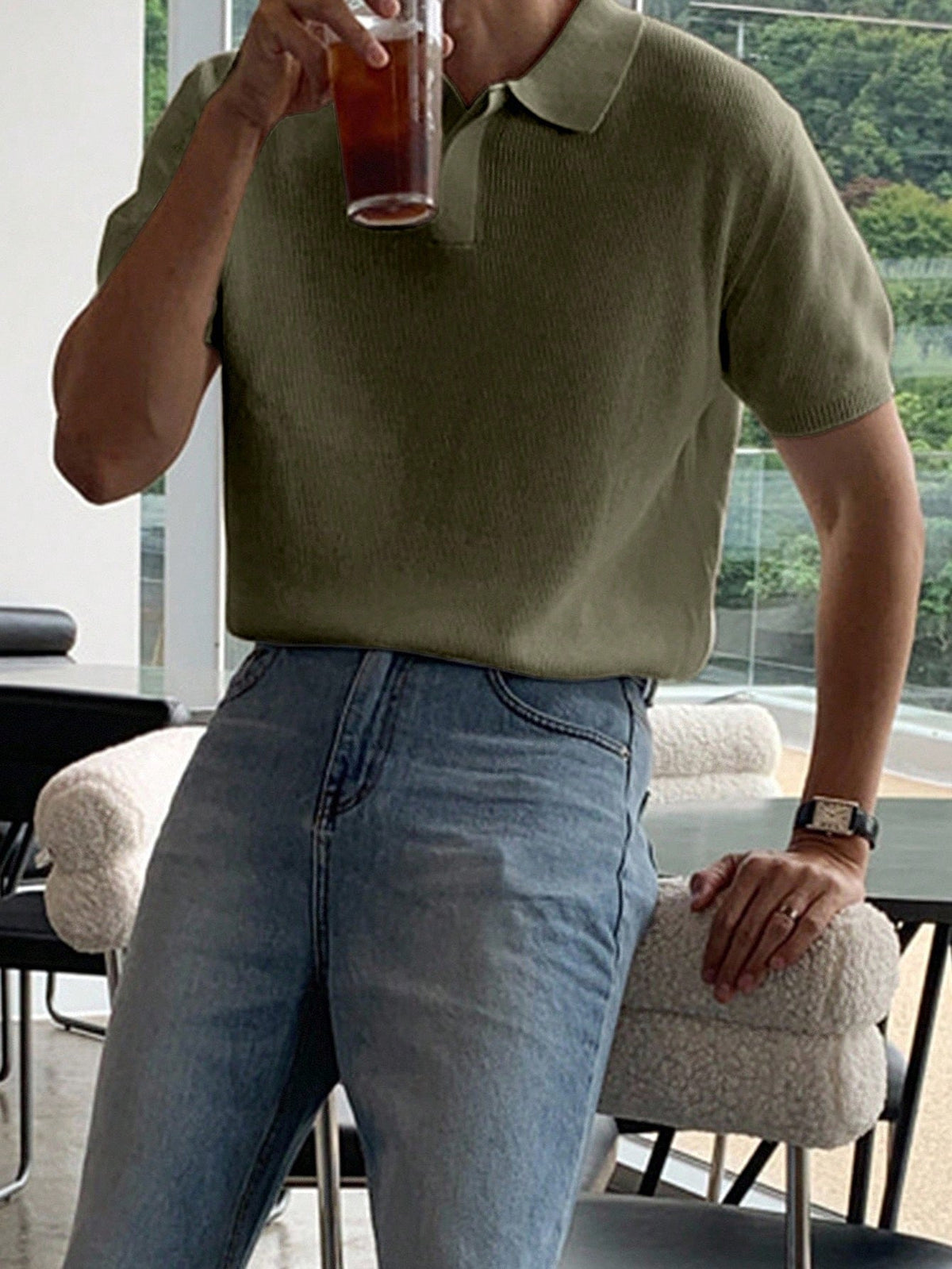 DAZY Men's Half-Zip Solid Military Green Knit Sweater, Summer