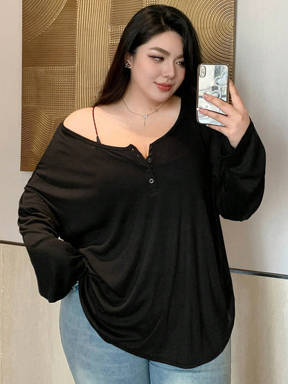 Dazy Plus Solid Color Round Neck Half-Open Front Long Sleeve T-Shirt, Spring/Summer Preppy Tops