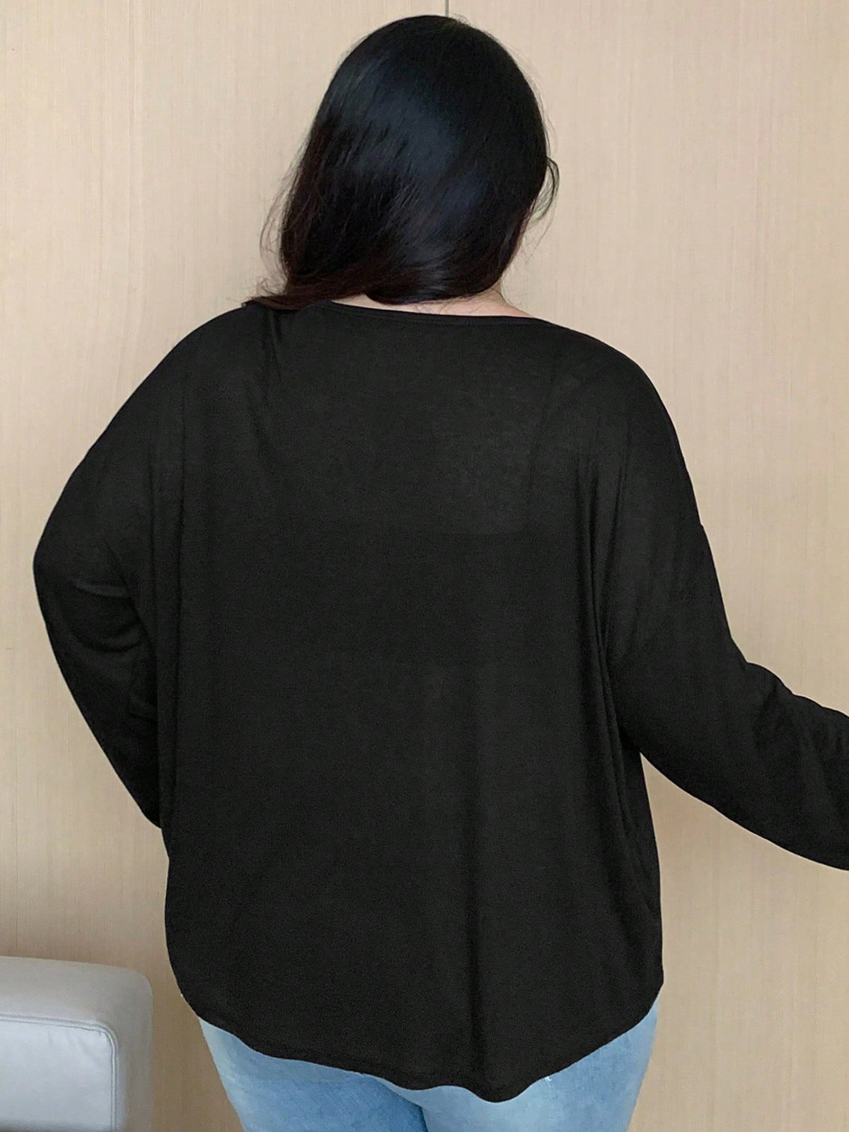 Dazy Plus Solid Color Round Neck Half-Open Front Long Sleeve T-Shirt, Spring/Summer Preppy Tops