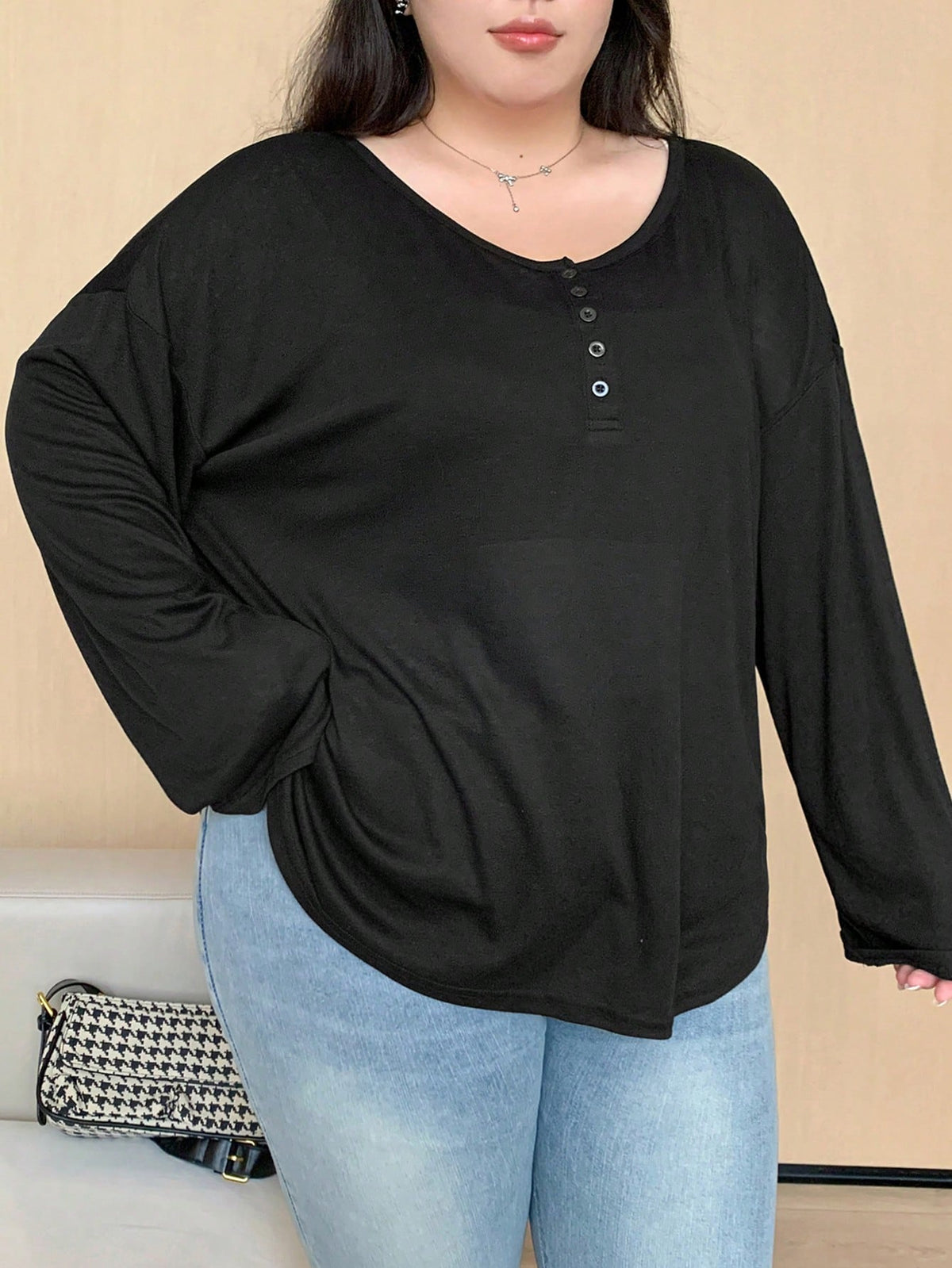 Dazy Plus Solid Color Round Neck Half-Open Front Long Sleeve T-Shirt, Spring/Summer Preppy Tops