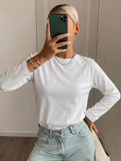 DAZY Solid Round Neck Tee,Fall Clothes Long Sleeve Women Tops