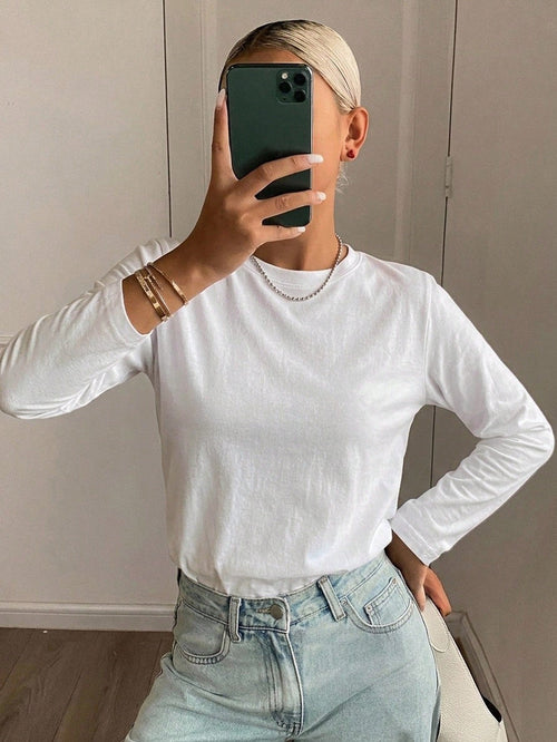 DAZY Solid Round Neck Tee,Fall Clothes Long Sleeve Women Tops
