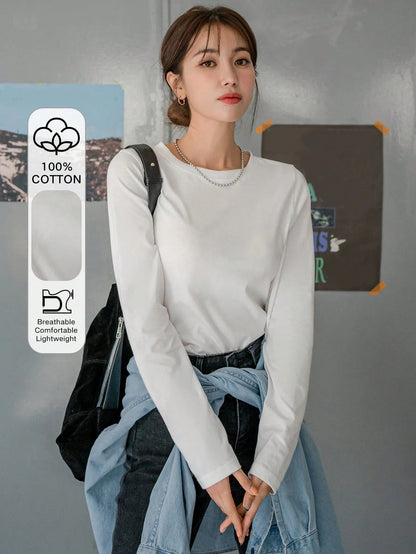 DAZY Solid Round Neck Tee,Fall Clothes Long Sleeve Women Tops