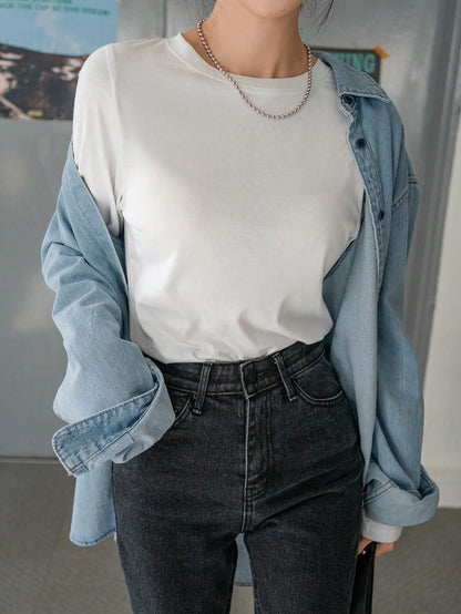 DAZY Solid Round Neck Tee,Fall Clothes Long Sleeve Women Tops