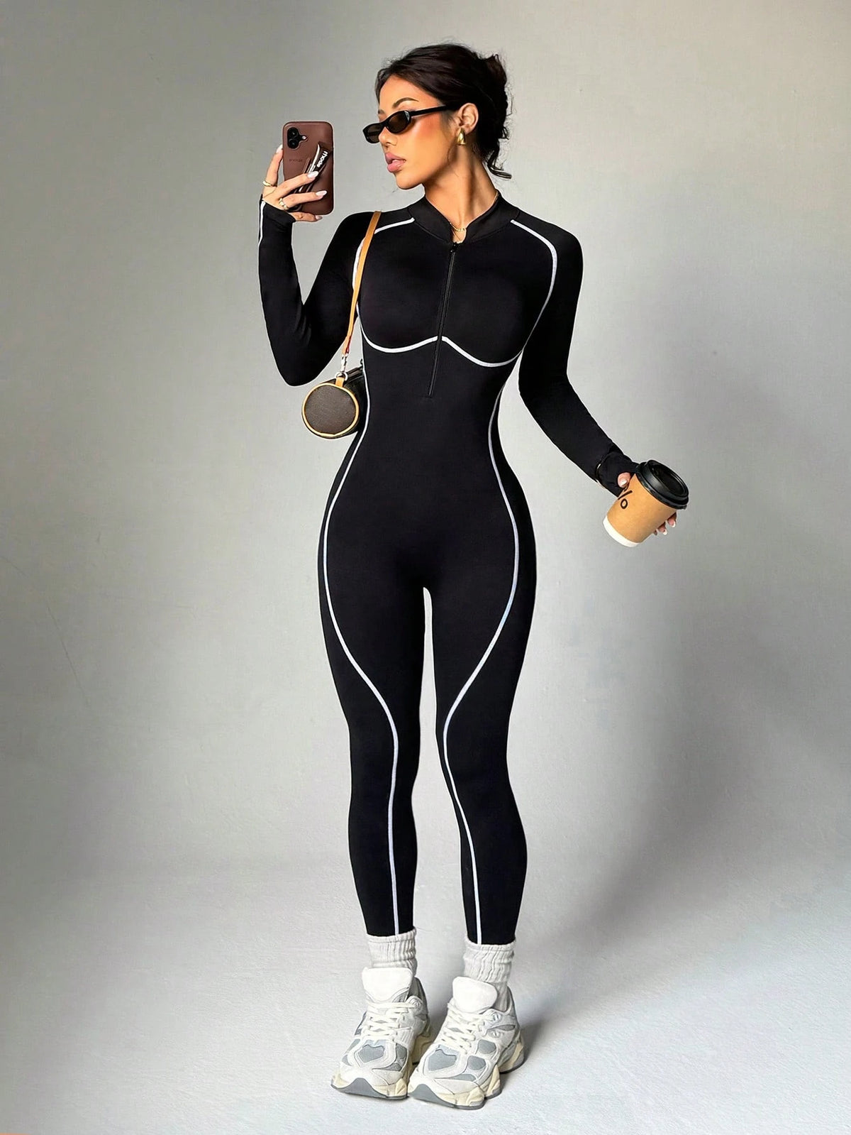 Dewbera Dewbera Seamless High Elasticity Workout Jumpsuit, Fitness Outfit With Long Sleeve And Long Pants, Zipper Closure Backless Activewear Jumpsuit
