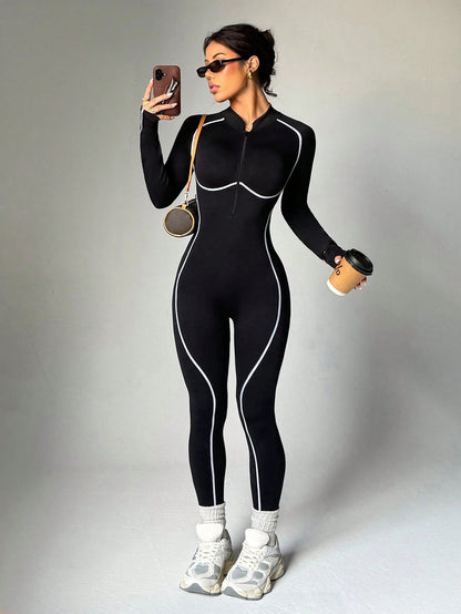Dewbera Dewbera Seamless High Elasticity Workout Jumpsuit, Fitness Outfit With Long Sleeve And Long Pants, Zipper Closure Backless Activewear Jumpsuit