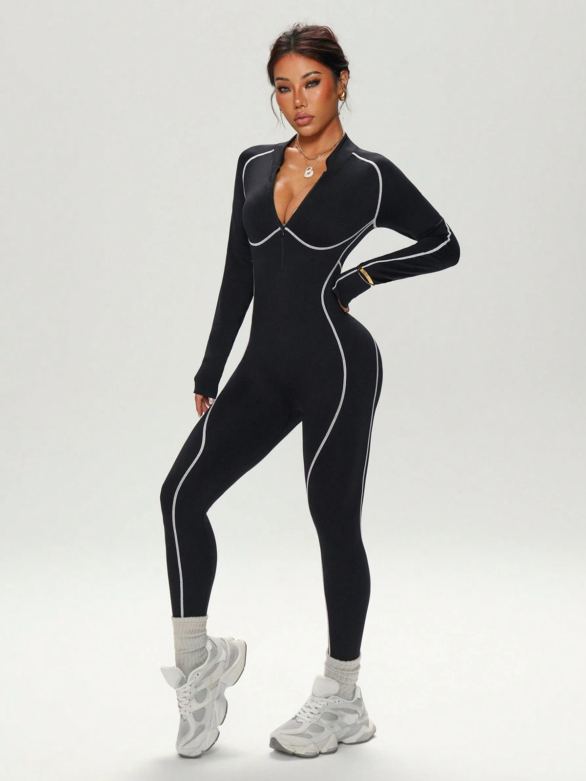 Dewbera Dewbera Seamless High Elasticity Workout Jumpsuit, Fitness Outfit With Long Sleeve And Long Pants, Zipper Closure Backless Activewear Jumpsuit