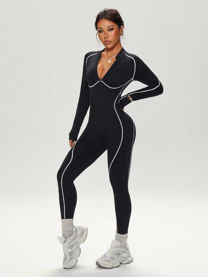Dewbera Dewbera Seamless High Elasticity Workout Jumpsuit, Fitness Outfit With Long Sleeve And Long Pants, Zipper Closure Backless Activewear Jumpsuit