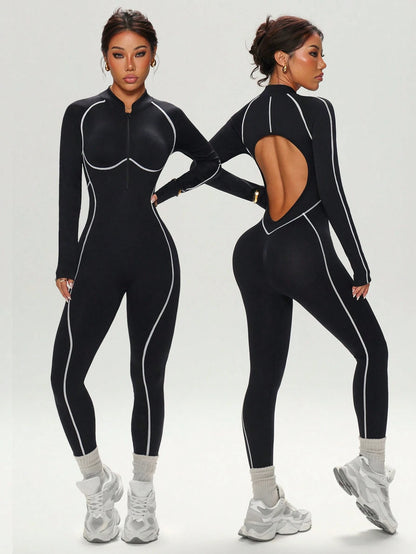 Dewbera Dewbera Seamless High Elasticity Workout Jumpsuit, Fitness Outfit With Long Sleeve And Long Pants, Zipper Closure Backless Activewear Jumpsuit