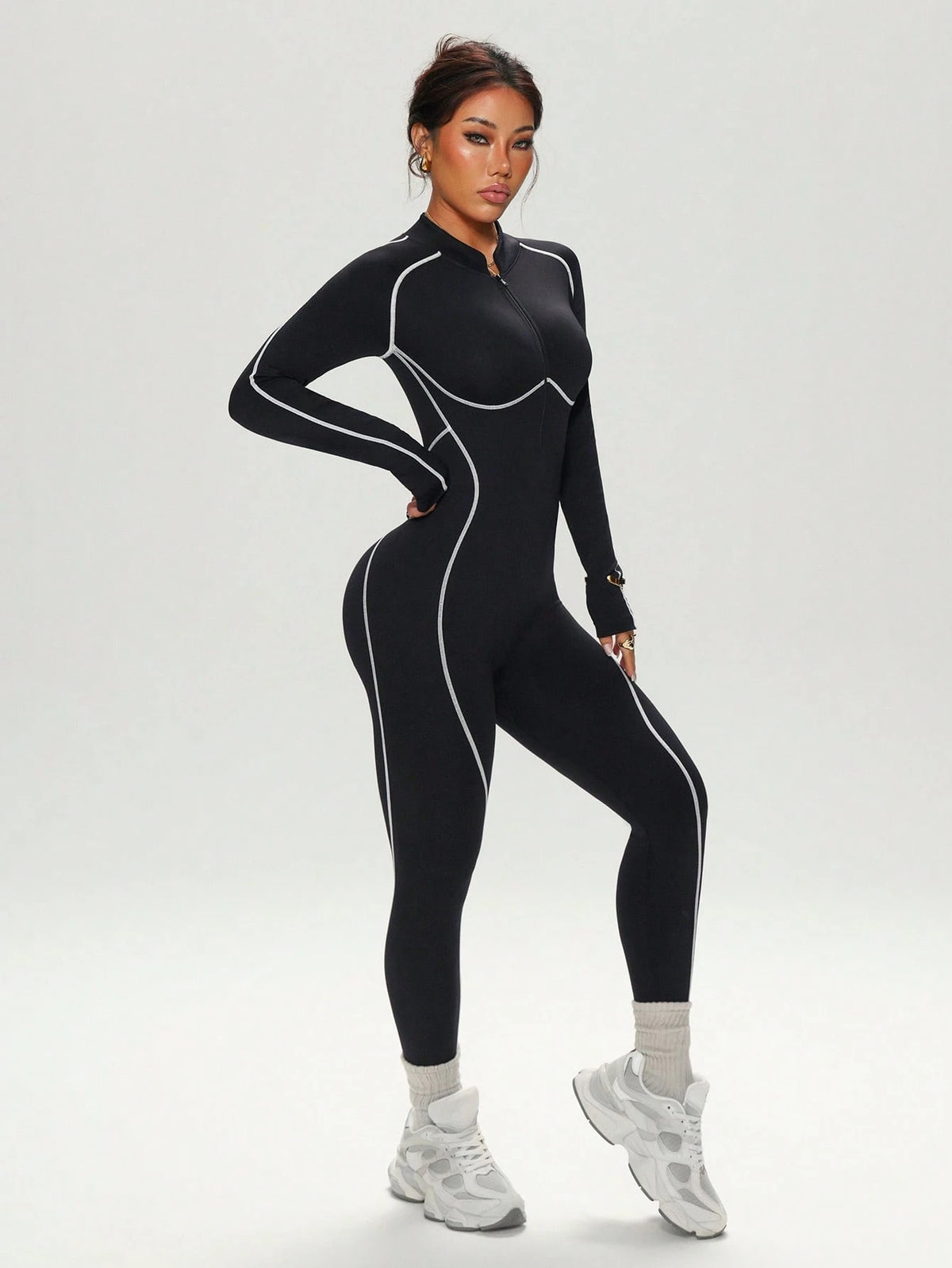 Dewbera Dewbera Seamless High Elasticity Workout Jumpsuit, Fitness Outfit With Long Sleeve And Long Pants, Zipper Closure Backless Activewear Jumpsuit