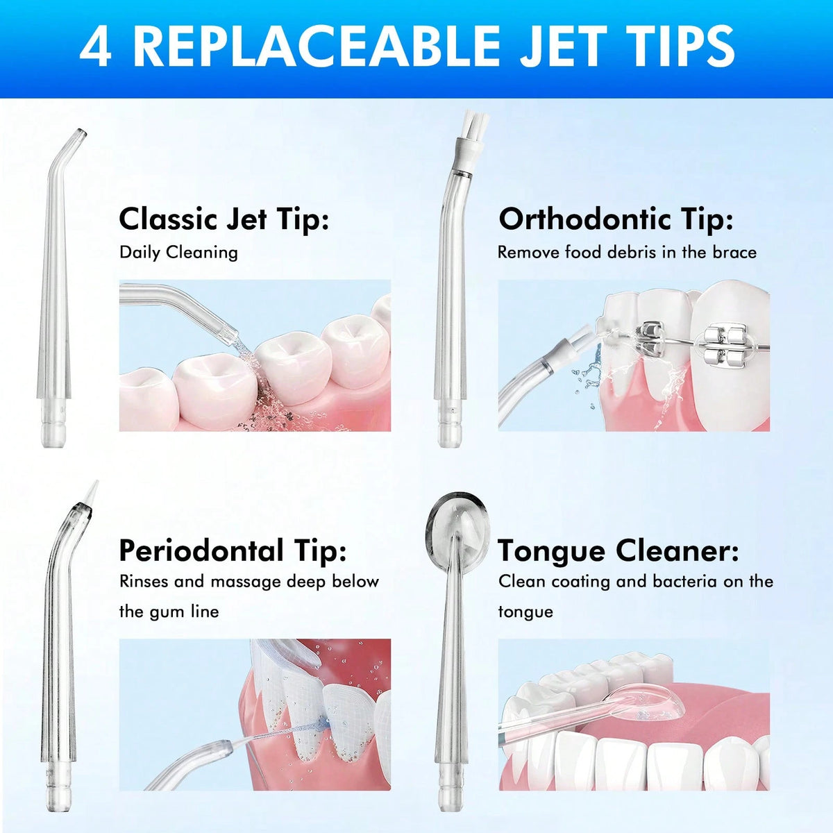 Electric Flosser With 4 Interchangeable Tips To Remove Plaque, Stains, And Tartar; Easy To Use And Helps Maintain Oral Hygiene; Rechargeable, Portable Oral Irrigator Suitable For Travel And Home Use.