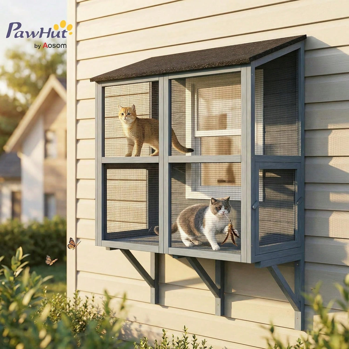 Expandable Window Box Enclosure For Multiple Indoor Cats, Comfortable Wooden Pet Perch House, All Weather Use, With 2 Doors, For Sunbathing, Napping, Overlooking, 39" L