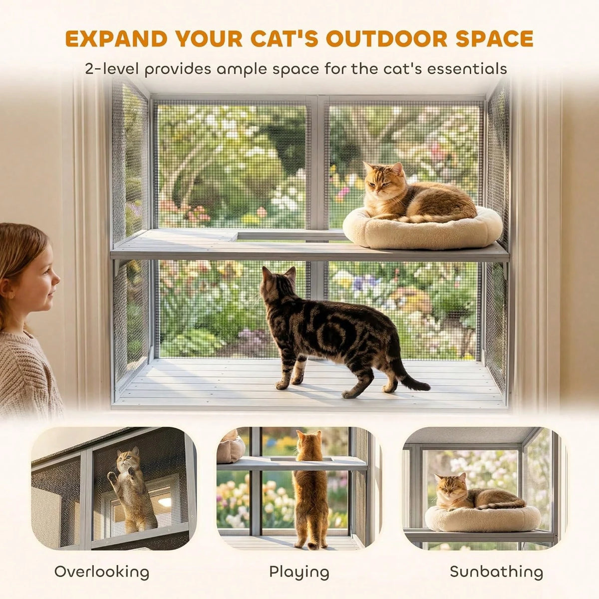 Expandable Window Box Enclosure For Multiple Indoor Cats, Comfortable Wooden Pet Perch House, All Weather Use, With 2 Doors, For Sunbathing, Napping, Overlooking, 39" L