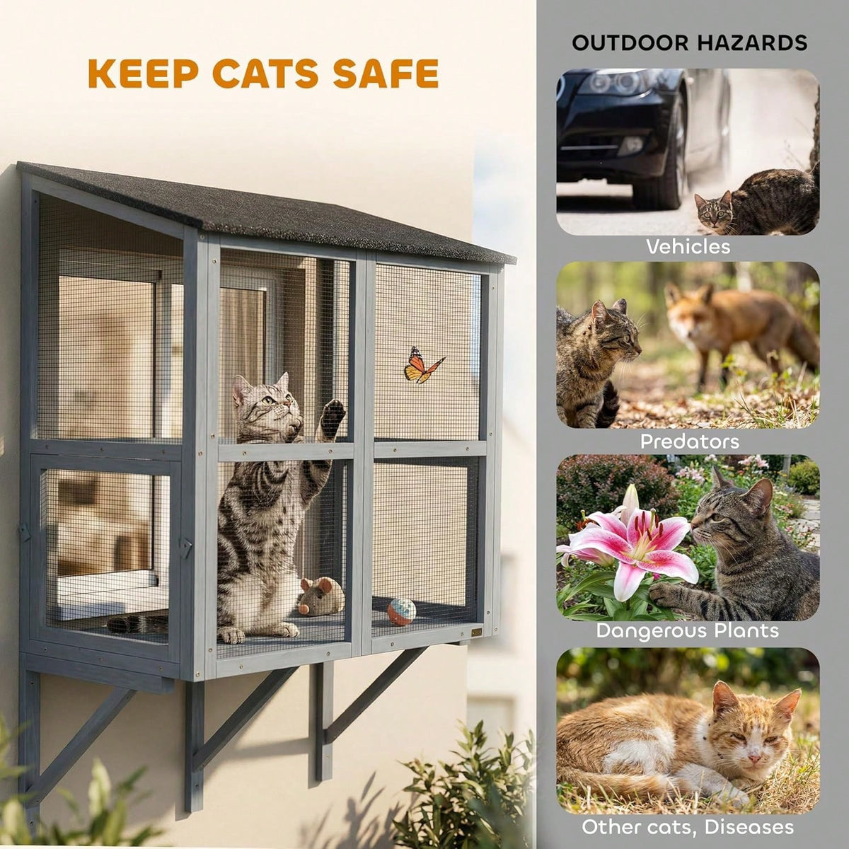 Expandable Window Box Enclosure For Multiple Indoor Cats, Comfortable Wooden Pet Perch House, All Weather Use, With 2 Doors, For Sunbathing, Napping, Overlooking, 39" L