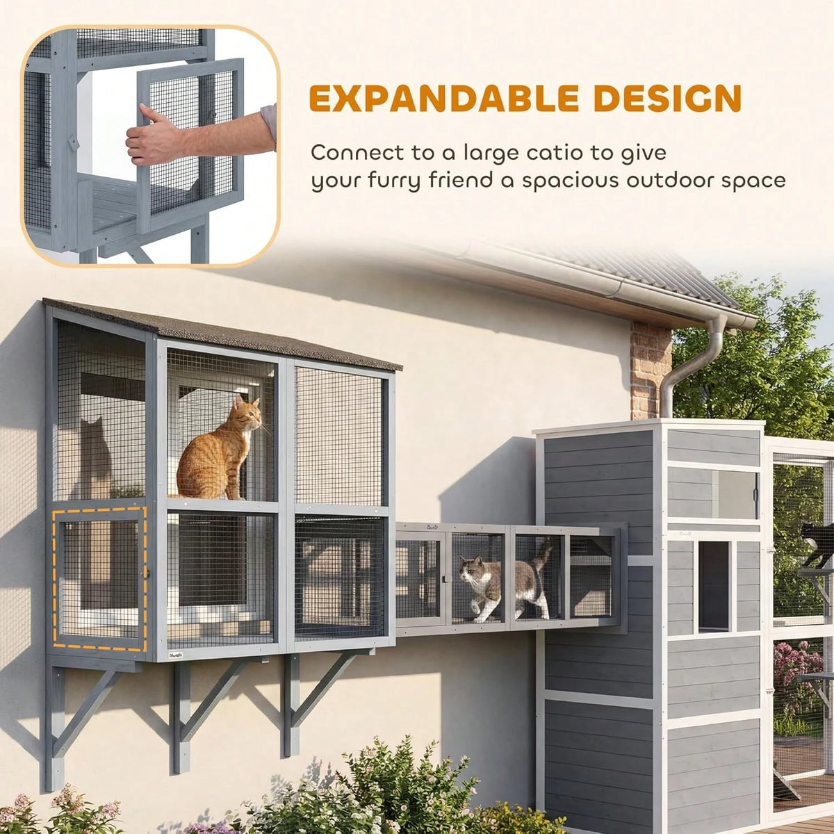 Expandable Window Box Enclosure For Multiple Indoor Cats, Comfortable Wooden Pet Perch House, All Weather Use, With 2 Doors, For Sunbathing, Napping, Overlooking, 39" L