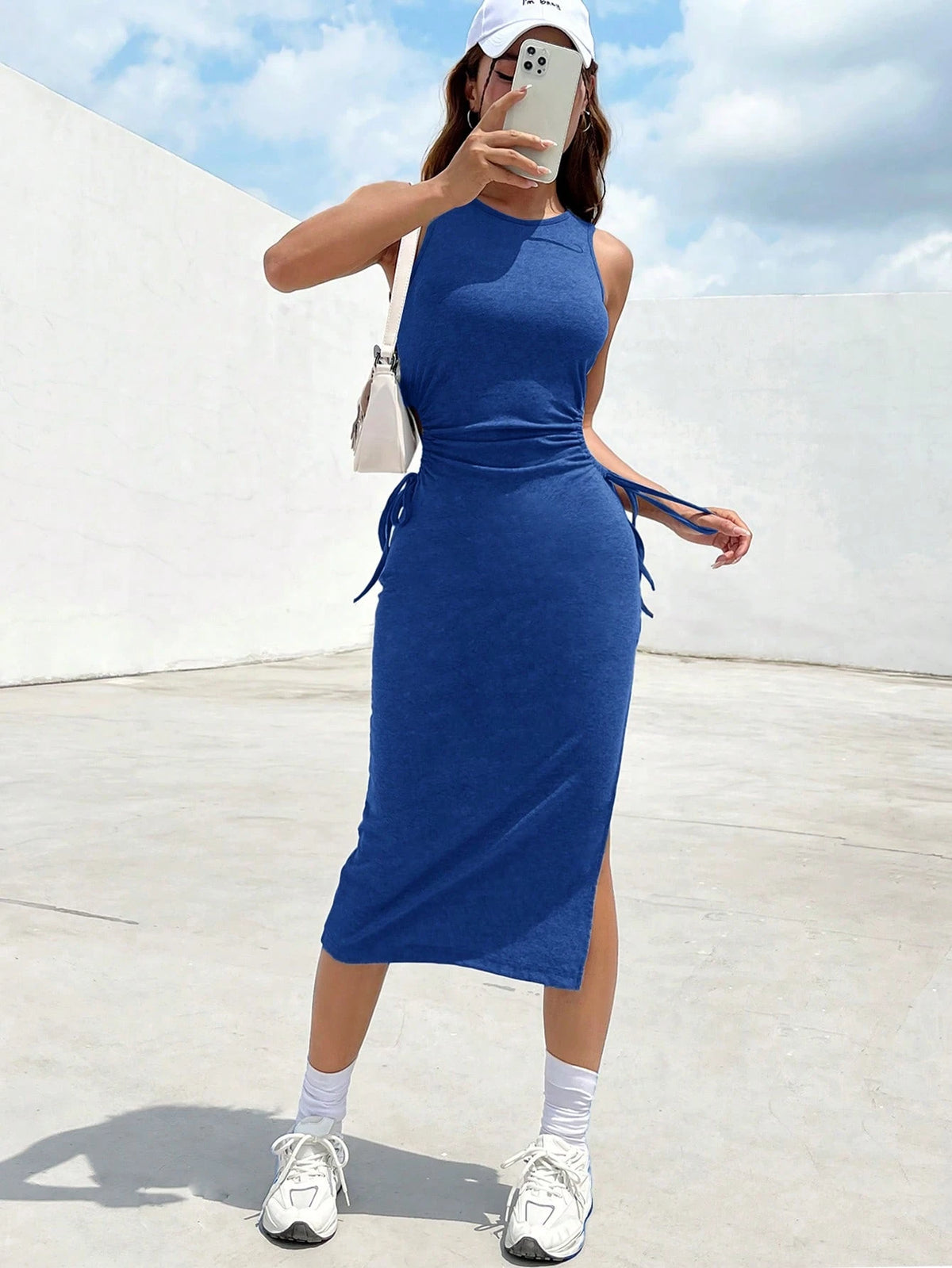 EZwear Drawstring Side Split Thigh Dress