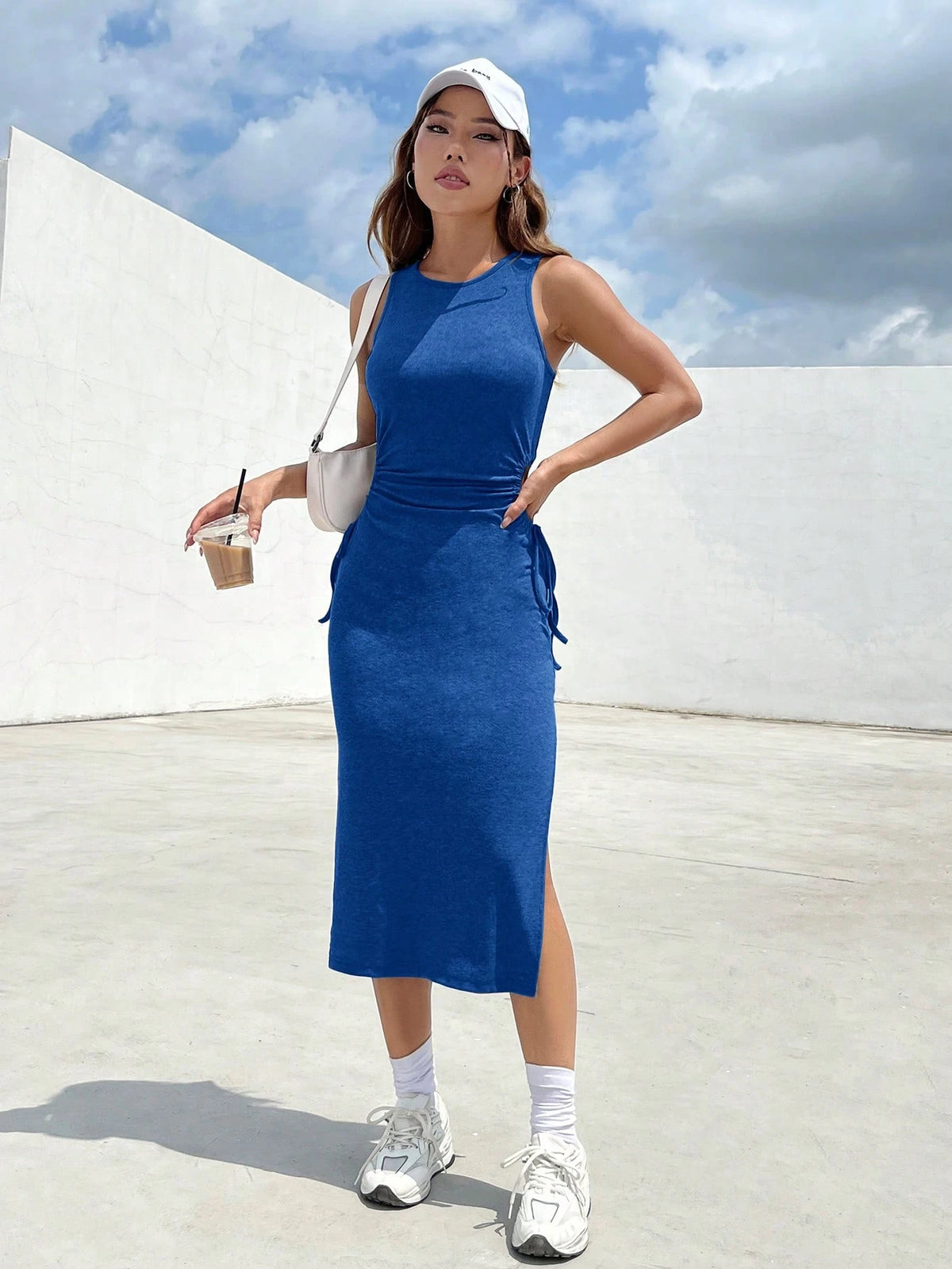 EZwear Drawstring Side Split Thigh Dress