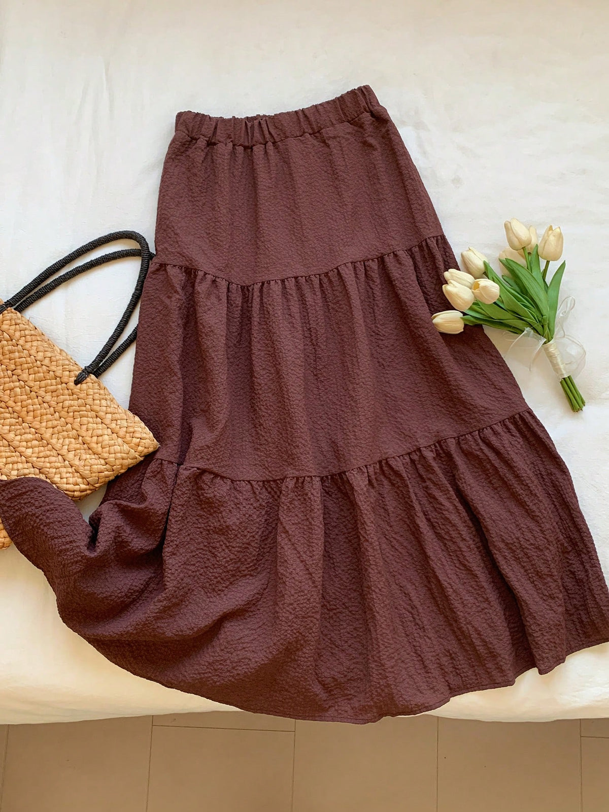 EZwear Solid Ruffle Hem Flare Skirt