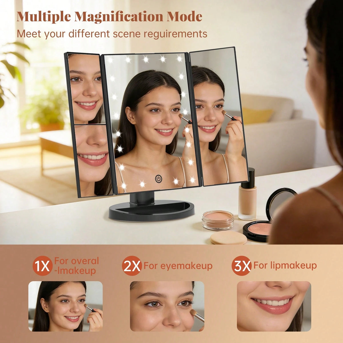 FASCINATE Lighted Makeup Mirror 2X/3X Magnification, Trifold Vanity Mirror With Lights, 21 LED Touch Dimming, Dual Power 180° Rotation Lit Beauty Table Mirror, Makeup Mirror With Lighting
