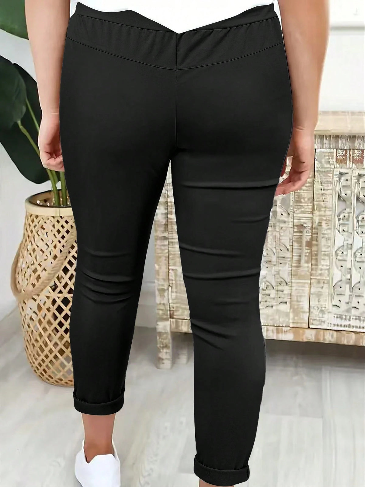 Fashionable Casual Solid Color Drawstring Waist Long Pants Black Spring, For Women