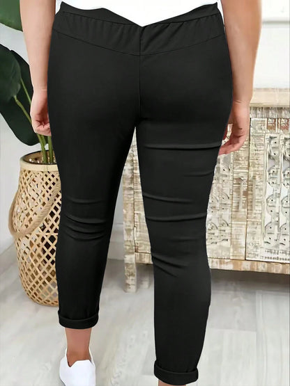 Fashionable Casual Solid Color Drawstring Waist Long Pants Black Spring, For Women