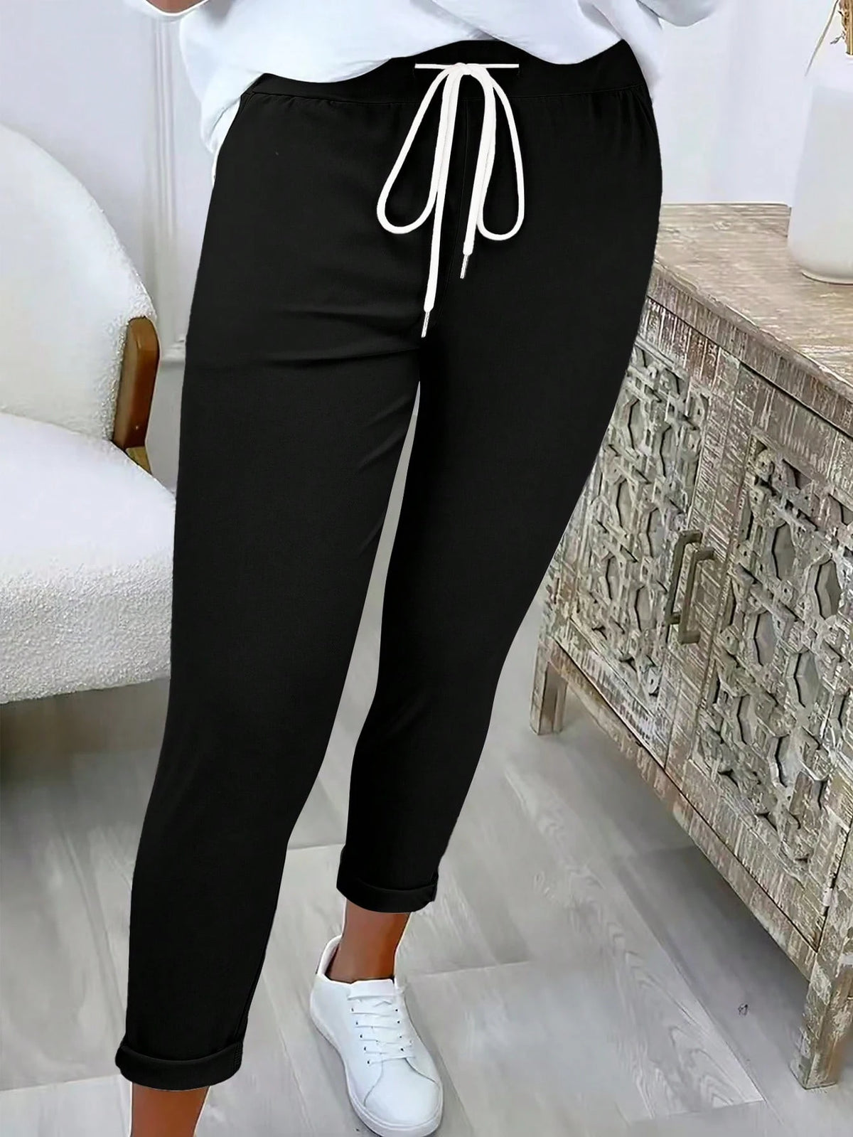 Fashionable Casual Solid Color Drawstring Waist Long Pants Black Spring, For Women