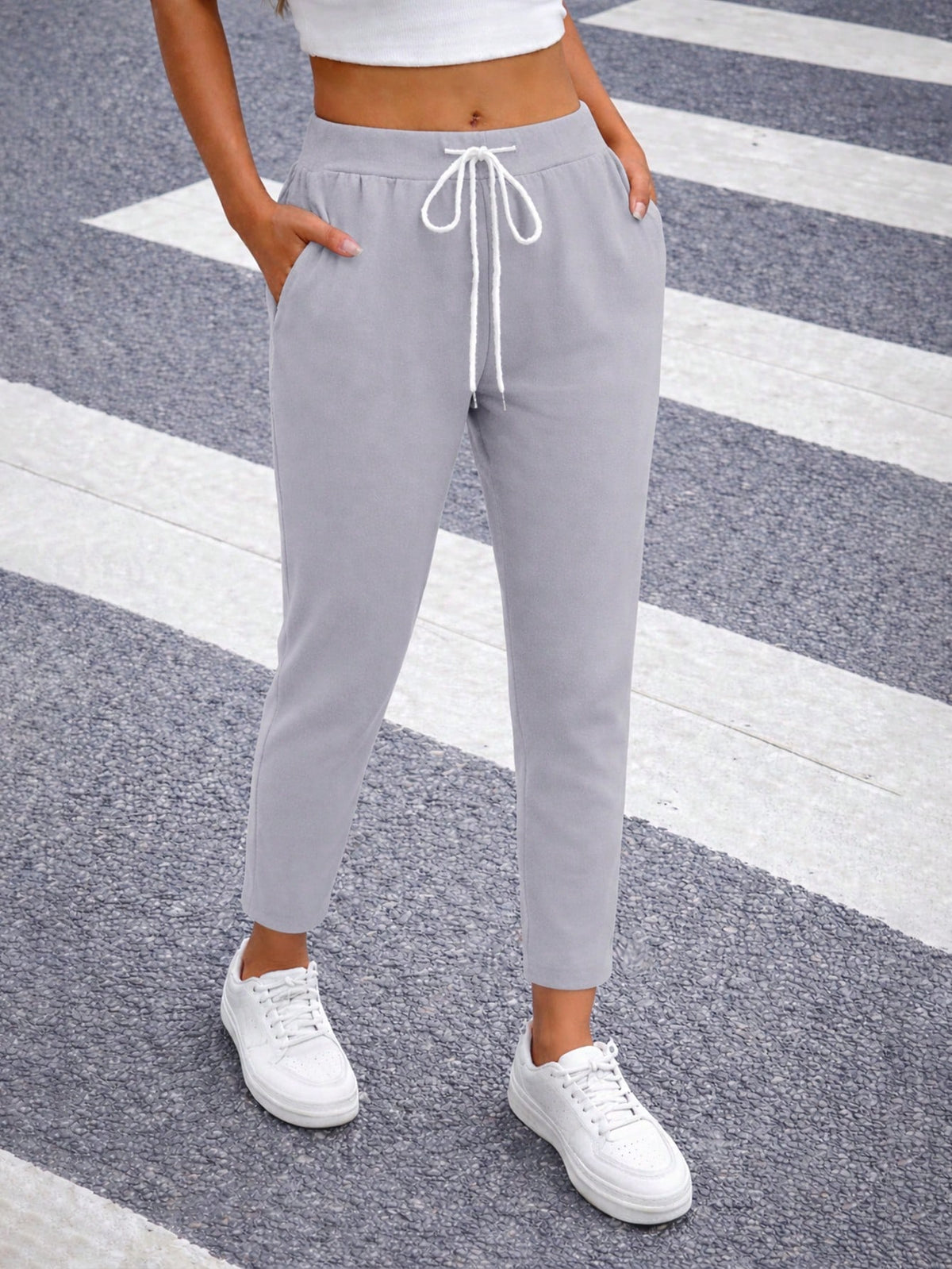 Fashionable Casual Solid Color Drawstring Waist Long Pants Black Spring, For Women