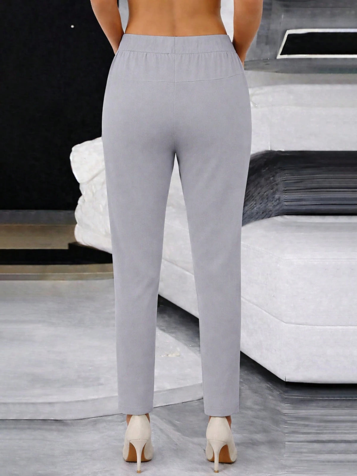Fashionable Casual Solid Color Drawstring Waist Long Pants Black Spring, For Women