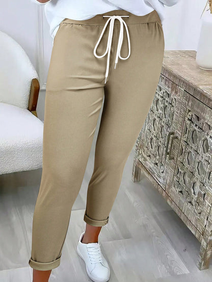 Fashionable Casual Solid Color Drawstring Waist Long Pants Black Spring, For Women
