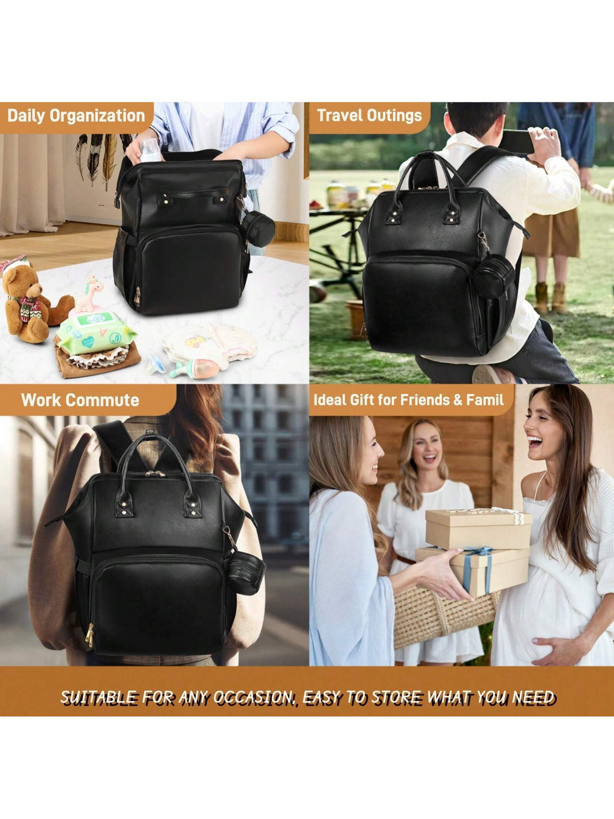 Faux Leather Diaper Bag Backpack With Changing Pad, Pacifier Case – Baby Bag For Girls Boys, 35L Large, Waterproof – Baby Shower Gifts For Mom Dad